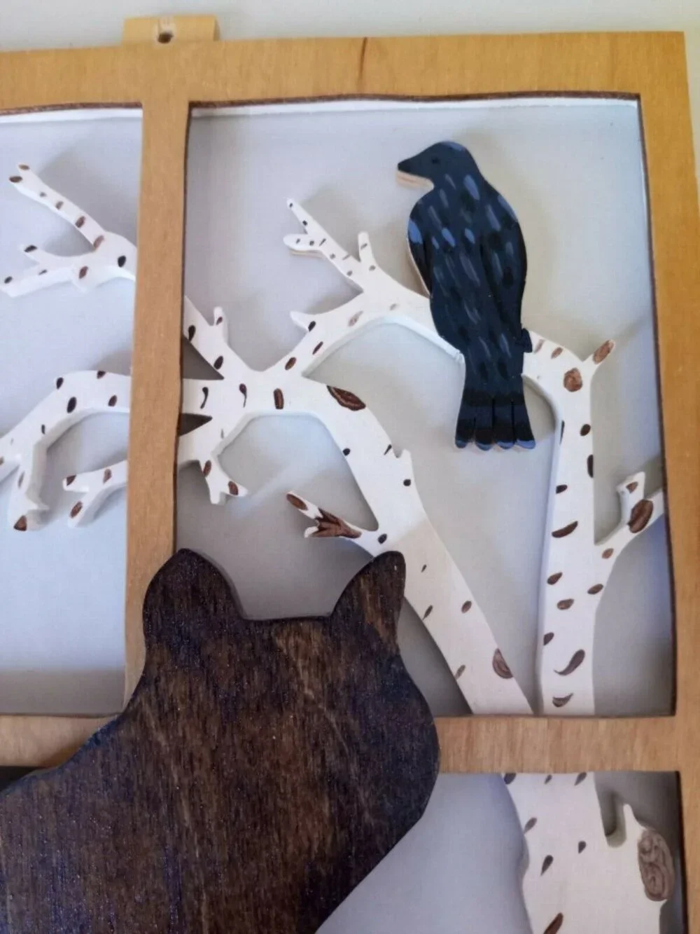 Handmade Wood Cat & Bird Wall Plaque Picture Frame Rustic Decor Artisan Design